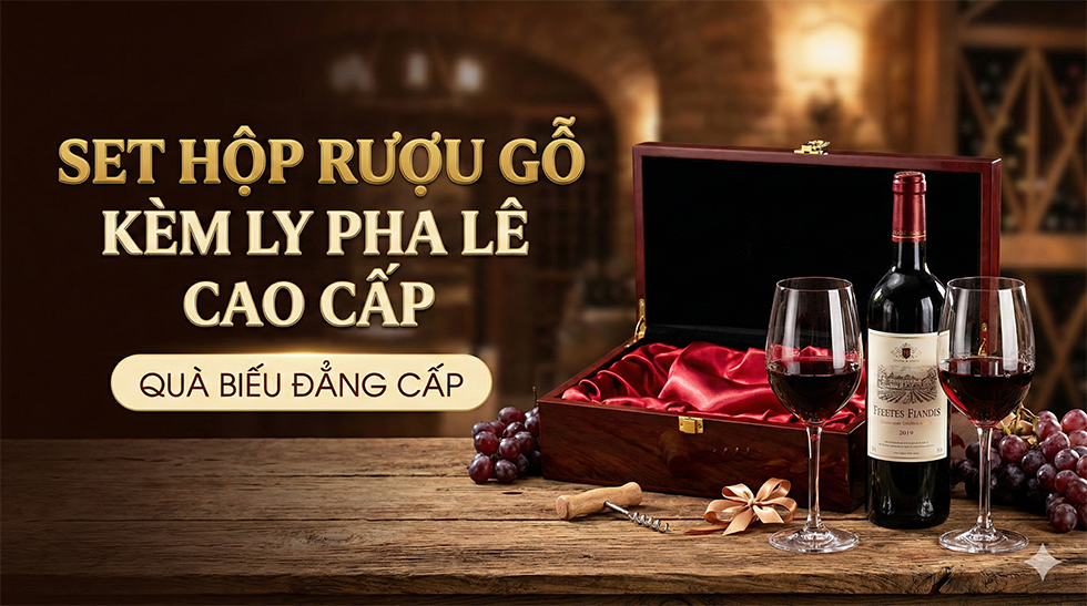 Set Hộp Rượu Gỗ Kèm Ly Pha Lê Cao Cấp - Quà Biếu Đẳng Cấp